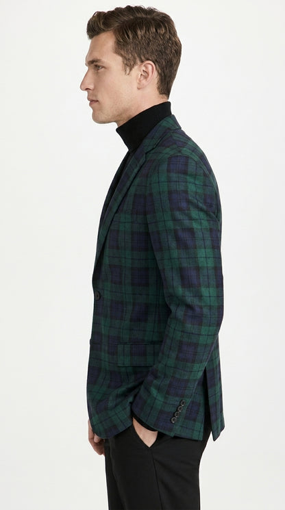 Men’s Green Tartan Plaid Dinner Jacket with Notch Lapel, Formal Sportcoat Blazer