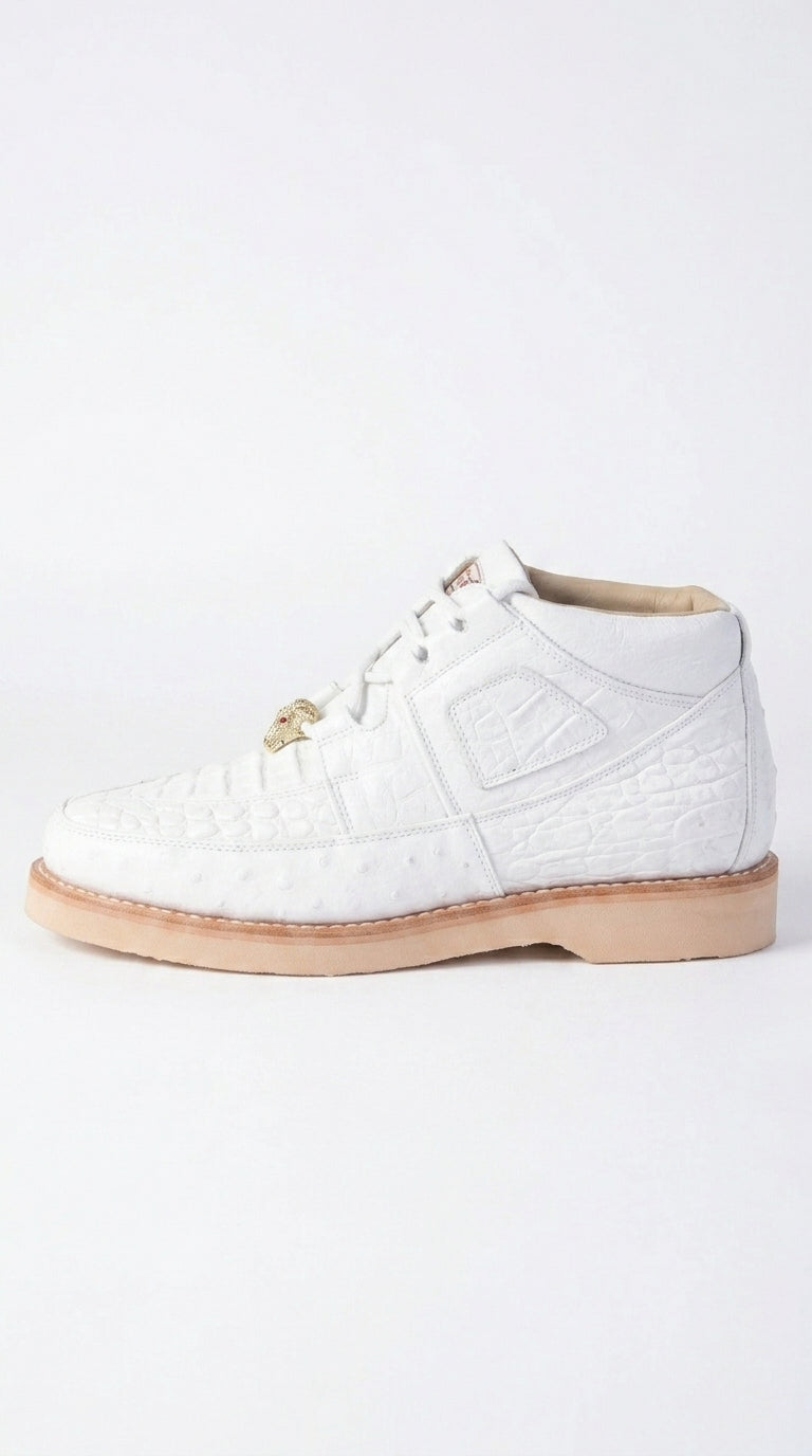 Los Altos Men’s White Caiman and Ostrich Skin Casual Sneakers, Exotic Leather Lace Up Shoes