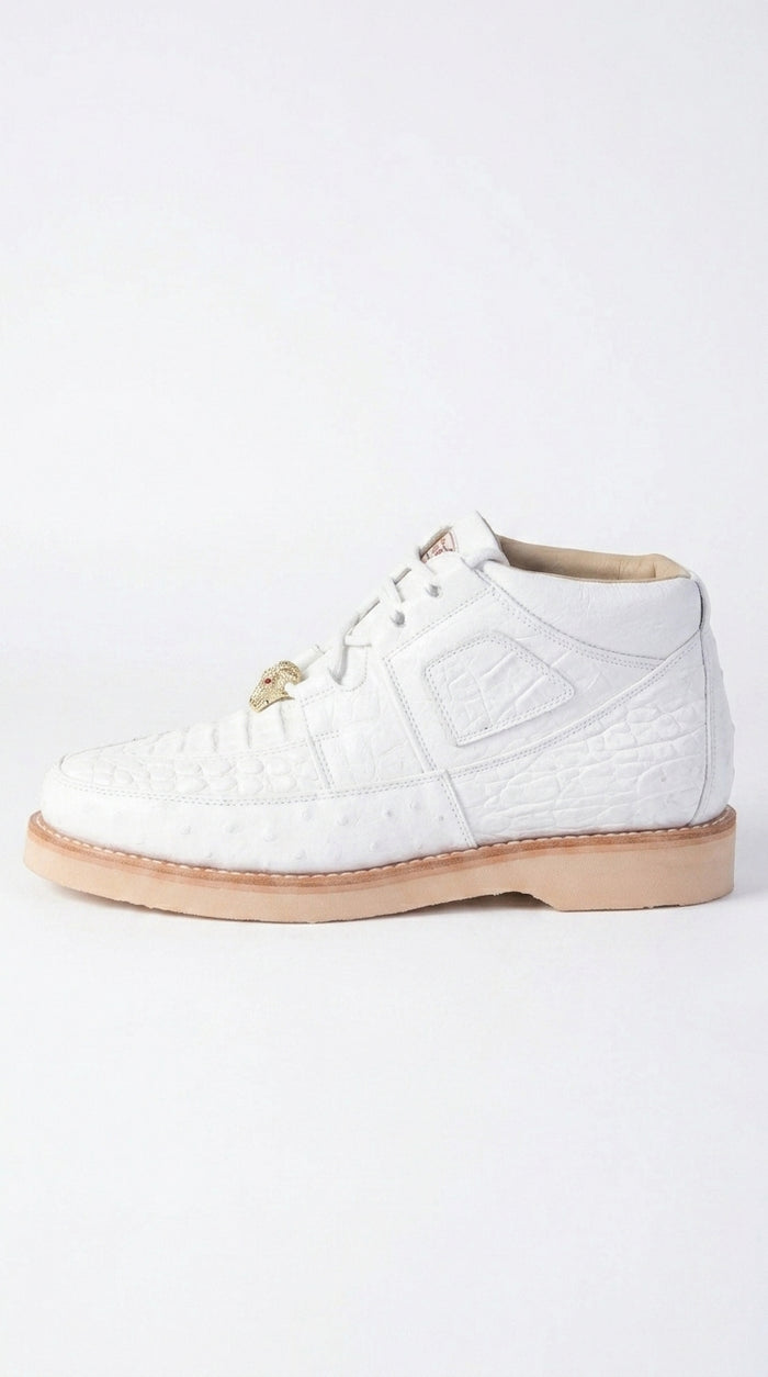 Los Altos Men’s White Caiman and Ostrich Skin Casual Sneakers, Exotic Leather Lace Up Shoes