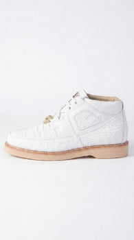 Los Altos Men’s White Caiman and Ostrich Skin Casual Sneakers, Exotic Leather Lace Up Shoes
