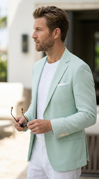 Men’s Green Seersucker Blazer, Lightweight Summer Wedding Business Casual Sport Coat Jacket