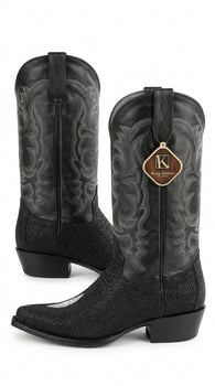 Men’s King Exotic Black Stingray Snip Toe Boots, Single Stone Handmade Western Dress Boots
