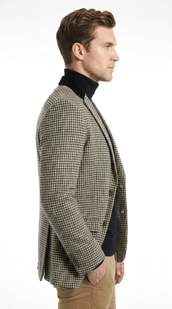 Men’s White and Black Houndstooth Checkered Blazer, Dress Casual Sport Coat Jacket