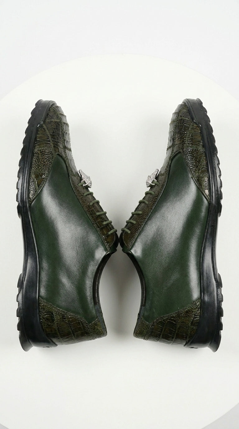 Men’s Los Altos Olive Green Ostrich Leg Sneaker, Exotic Leather Casual Dress Shoe