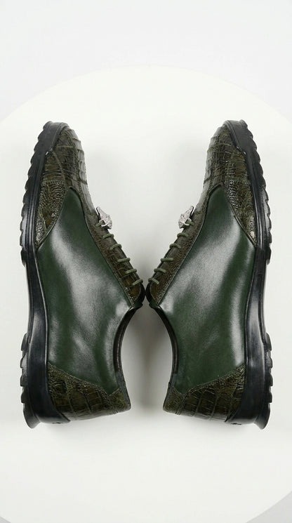 Men’s Los Altos Olive Green Ostrich Leg Sneaker, Exotic Leather Casual Dress Shoe