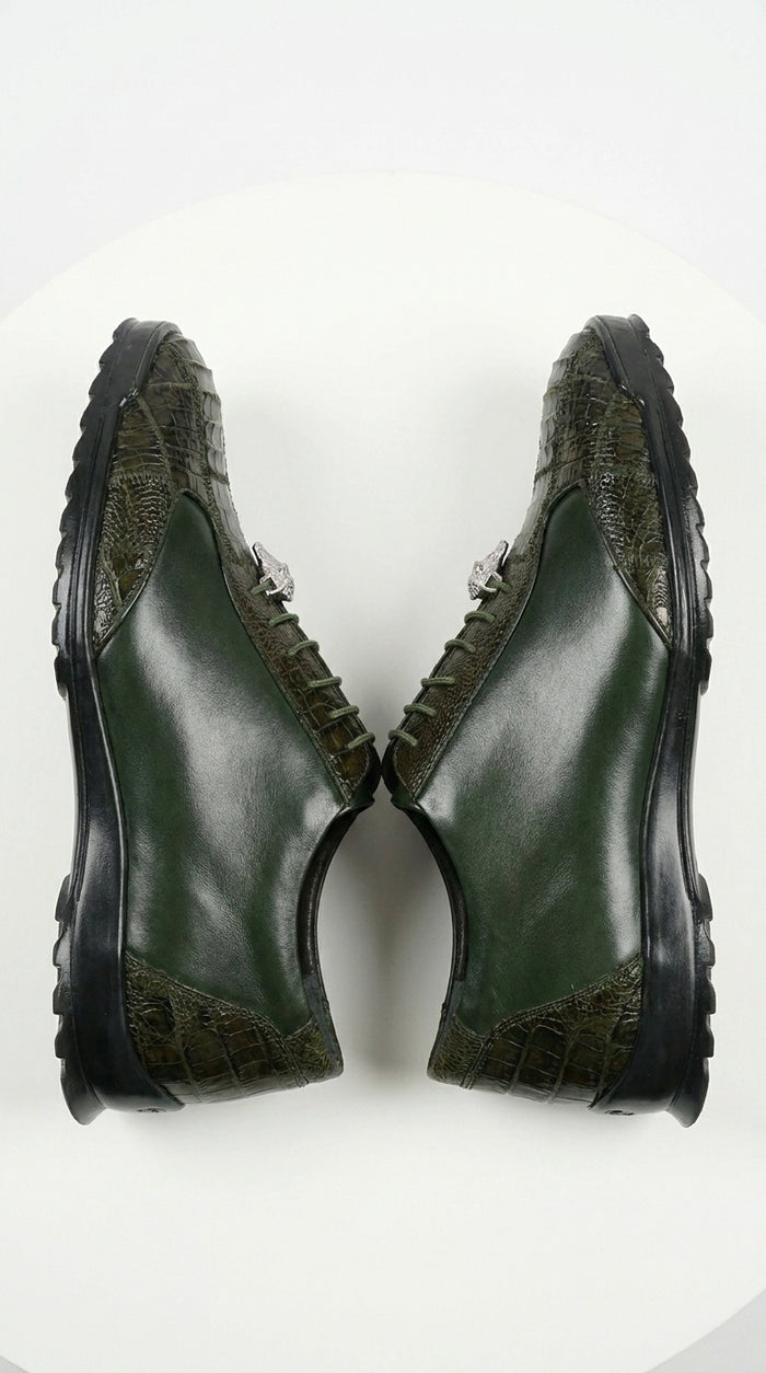 Men’s Los Altos Olive Green Ostrich Leg Sneaker, Exotic Leather Casual Dress Shoe