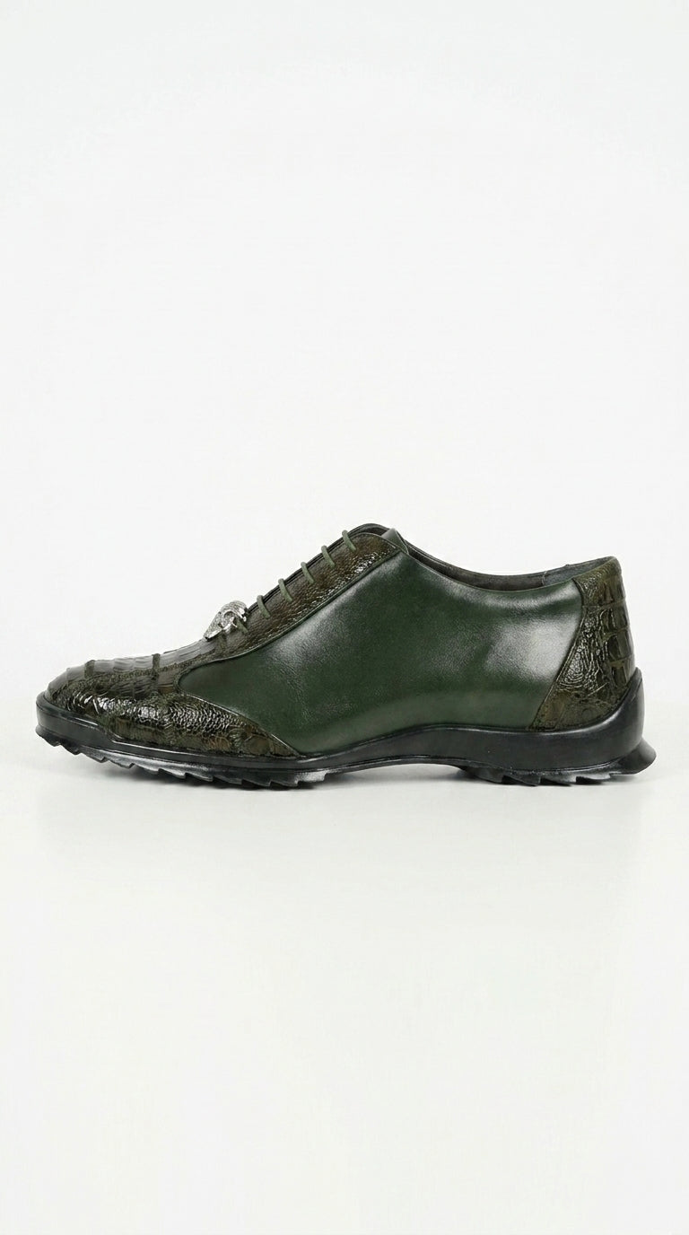 Men’s Los Altos Olive Green Ostrich Leg Sneaker, Exotic Leather Casual Dress Shoe