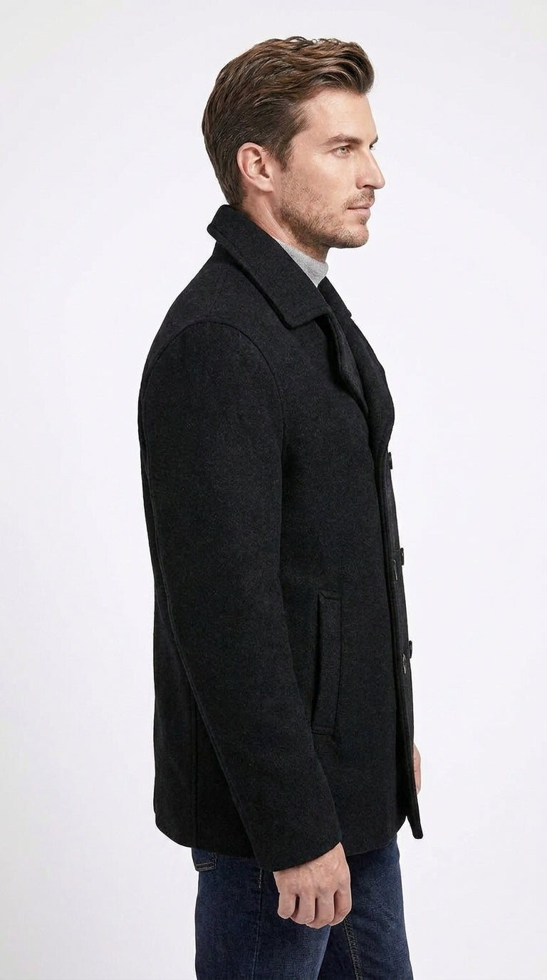 Men’s Black Big and Tall Wool Peacoat – Regular Fit Double-Breasted Winter Coat