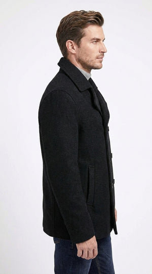 Men’s Black Big and Tall Wool Peacoat – Regular Fit Double-Breasted Winter Coat