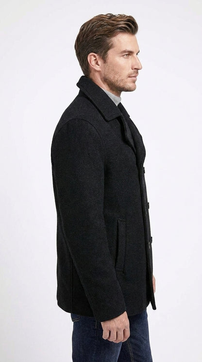 Men’s Black Big and Tall Wool Peacoat – Regular Fit Double-Breasted Winter Coat
