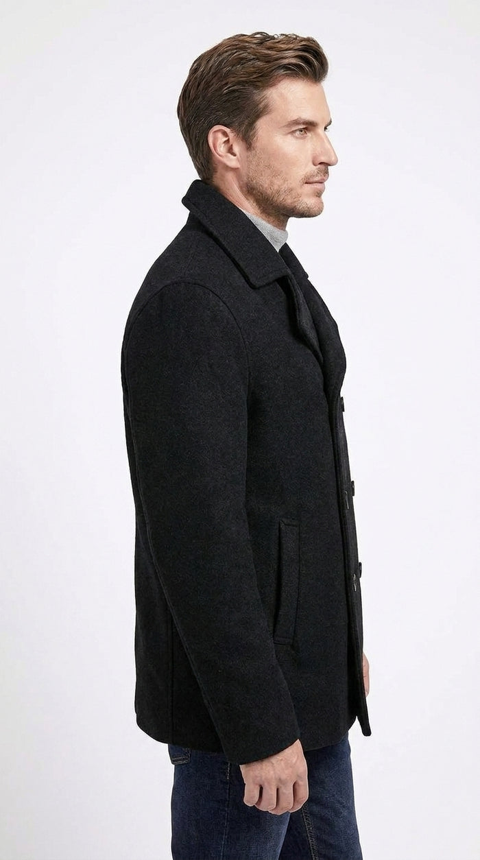 Men’s Black Big and Tall Wool Peacoat – Regular Fit Double-Breasted Winter Coat