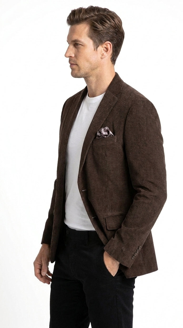 Men’s Chocolate Brown Corduroy Blazer, 100% Cotton Stretch Modern Fit Sport Coat
