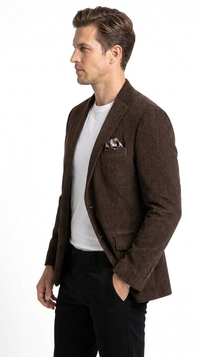 Men’s Chocolate Brown Corduroy Blazer, 100% Cotton Stretch Modern Fit Sport Coat