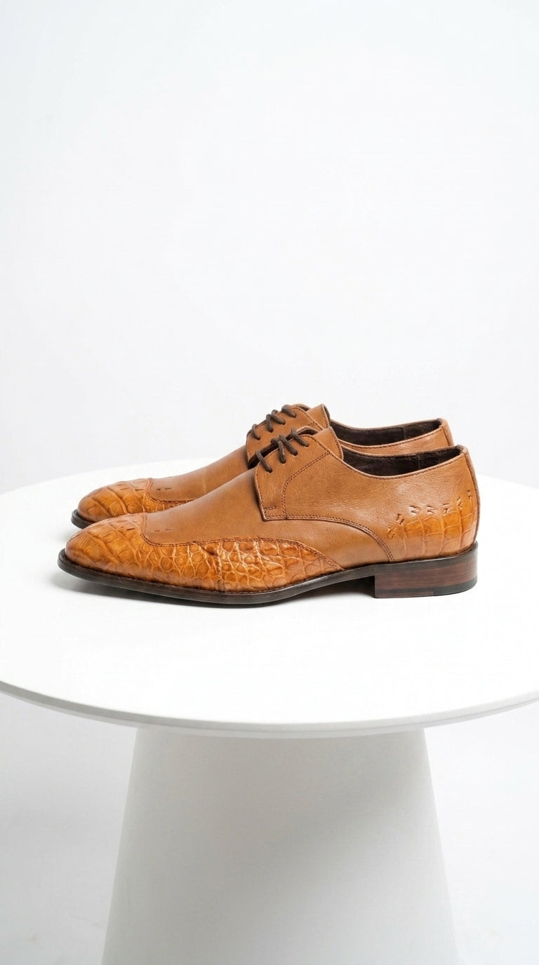 Vestigium Men’s Cognac Genuine Caiman Belly Derby Shoes, Exotic Lace-Up Formal Dress Shoes