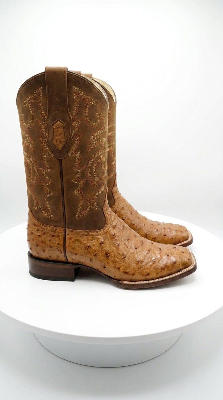 Los Altos Men’s Amber Ostrich Skin Wide Square Toe Boots, Exotic Western Cowboy Dress Boots