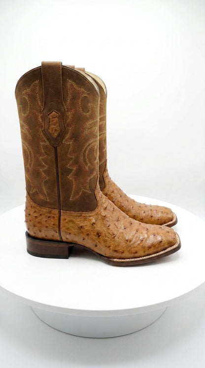 Los Altos Men’s Amber Ostrich Skin Wide Square Toe Boots, Exotic Western Cowboy Dress Boots