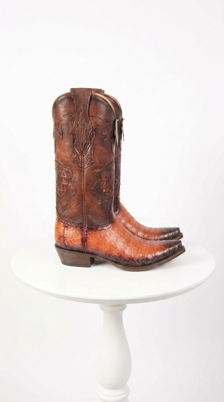 Los Altos Men’s Faded Cognac Caiman Snip Toe Cowboy Boots, Exotic Western Dress Boots