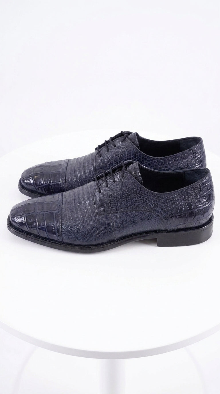 Los Altos Men’s Navy Teju Lizard and Caiman Oxford Shoes, Exotic Lace-Up Formal Dress Shoes