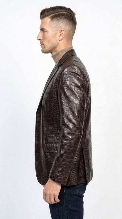 Zacchi Men’s Brown Crocodile Print Blazer, Italian Cut Alligator Leather Feel Sport Coat