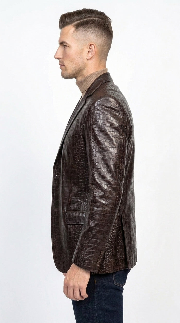 Zacchi Men’s Brown Crocodile Print Blazer, Italian Cut Alligator Leather Feel Sport Coat