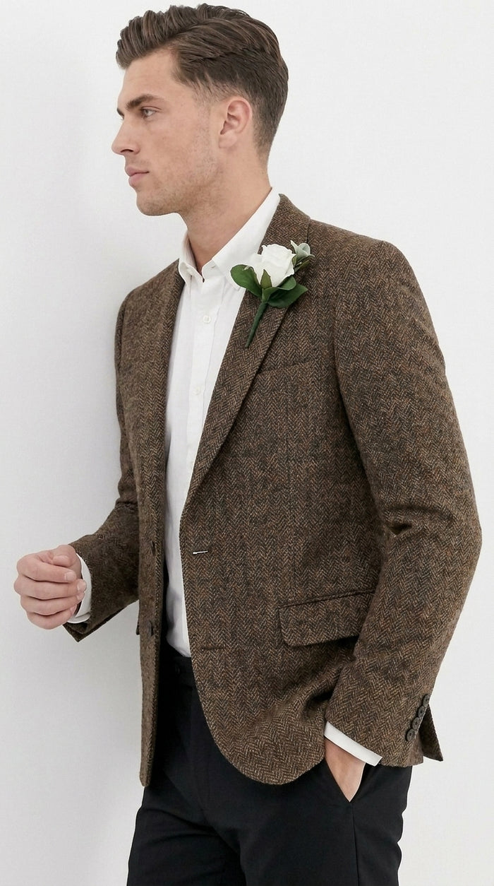 Men’s Dark Brown Tweed Herringbone Blazer, Classic Dress Sport Coat for Wedding and Casual Wear