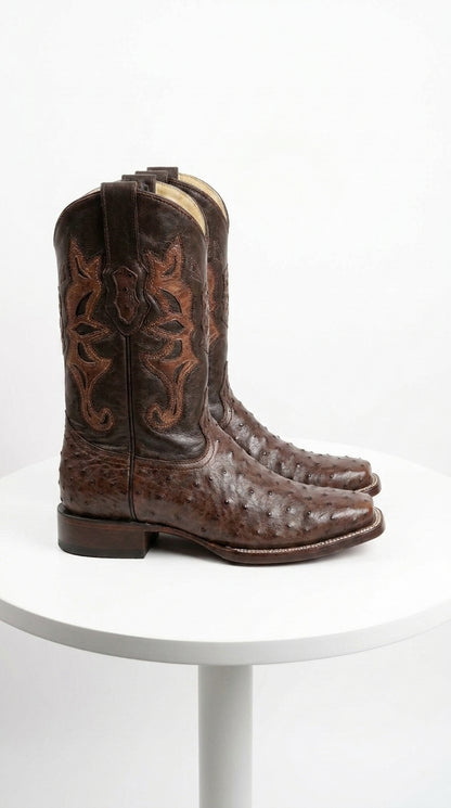 Men’s Brown Square Toe Ostrich Boots, Exotic Western Cowboy Dress Boots