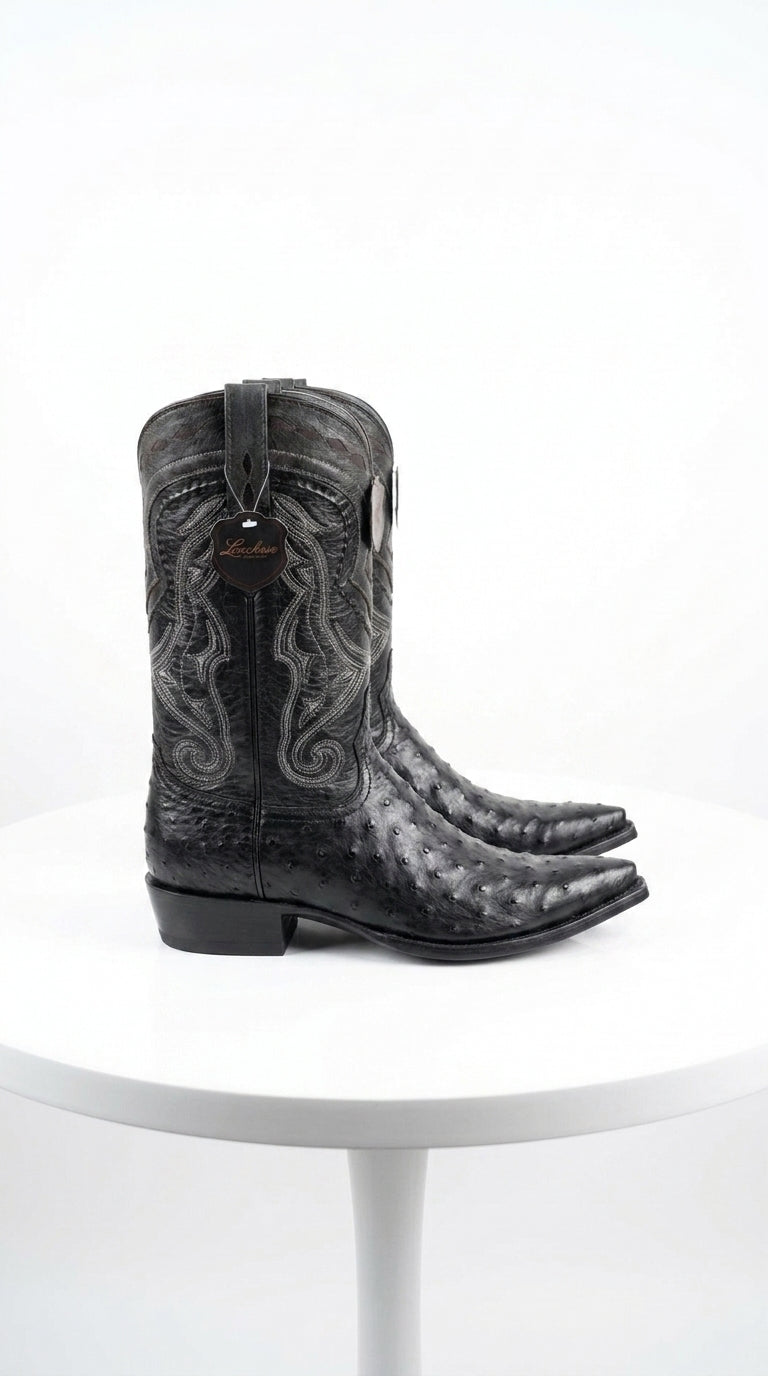 Los Altos Men’s Black Ostrich Pointed Toe Cowboy Boots, 1.5 Inch Walking Heel Botas De Avestruz