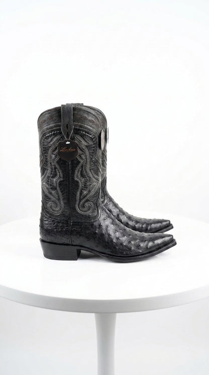 Los Altos Men’s Black Ostrich Pointed Toe Cowboy Boots, 1.5 Inch Walking Heel Botas De Avestruz