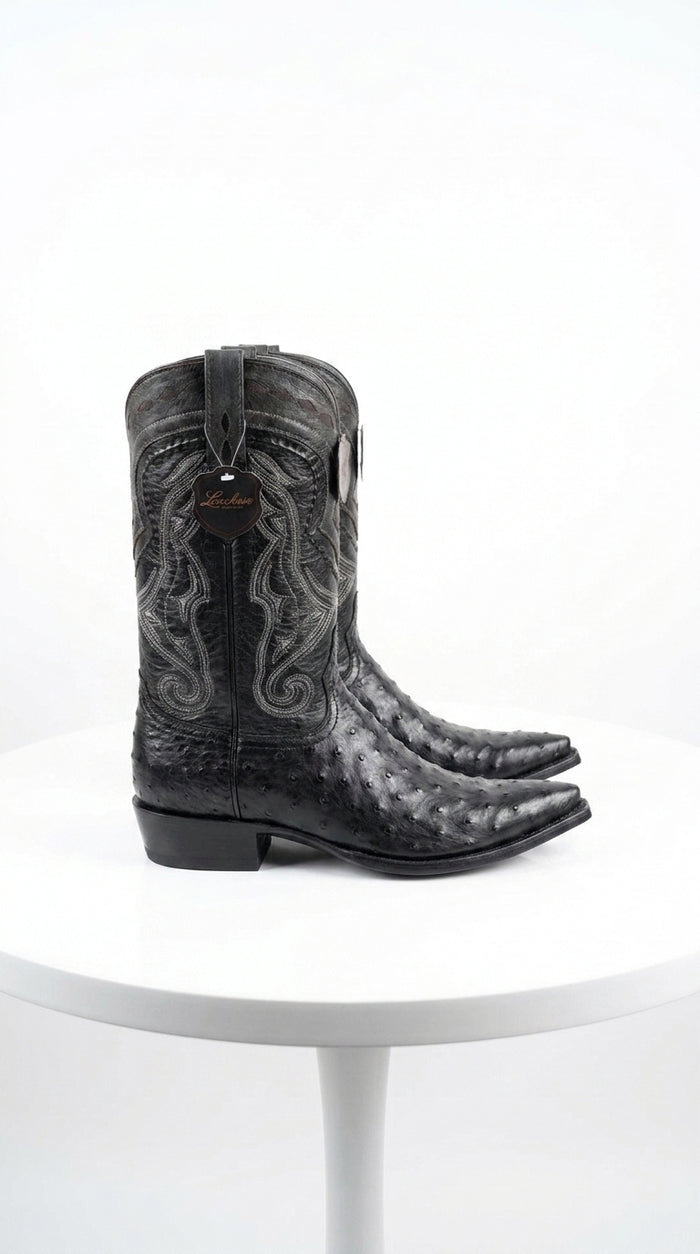 Los Altos Men’s Black Ostrich Pointed Toe Cowboy Boots, 1.5 Inch Walking Heel Botas De Avestruz