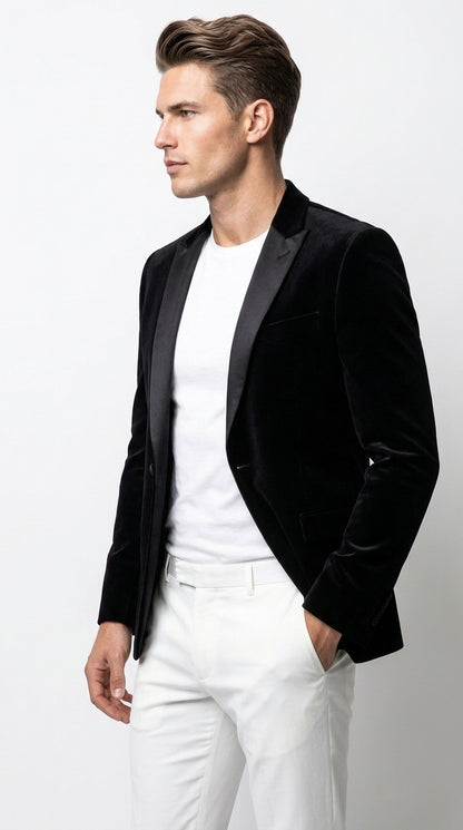 Men’s Black Velvet Blazer – 2 Button Velour Tuxedo Dinner Jacket