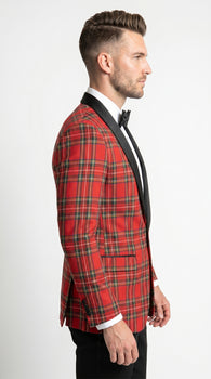 Men’s Red Tartan Plaid Tuxedo Jacket with Black Shawl Lapel, Holiday Christmas Wedding Prom Blazer