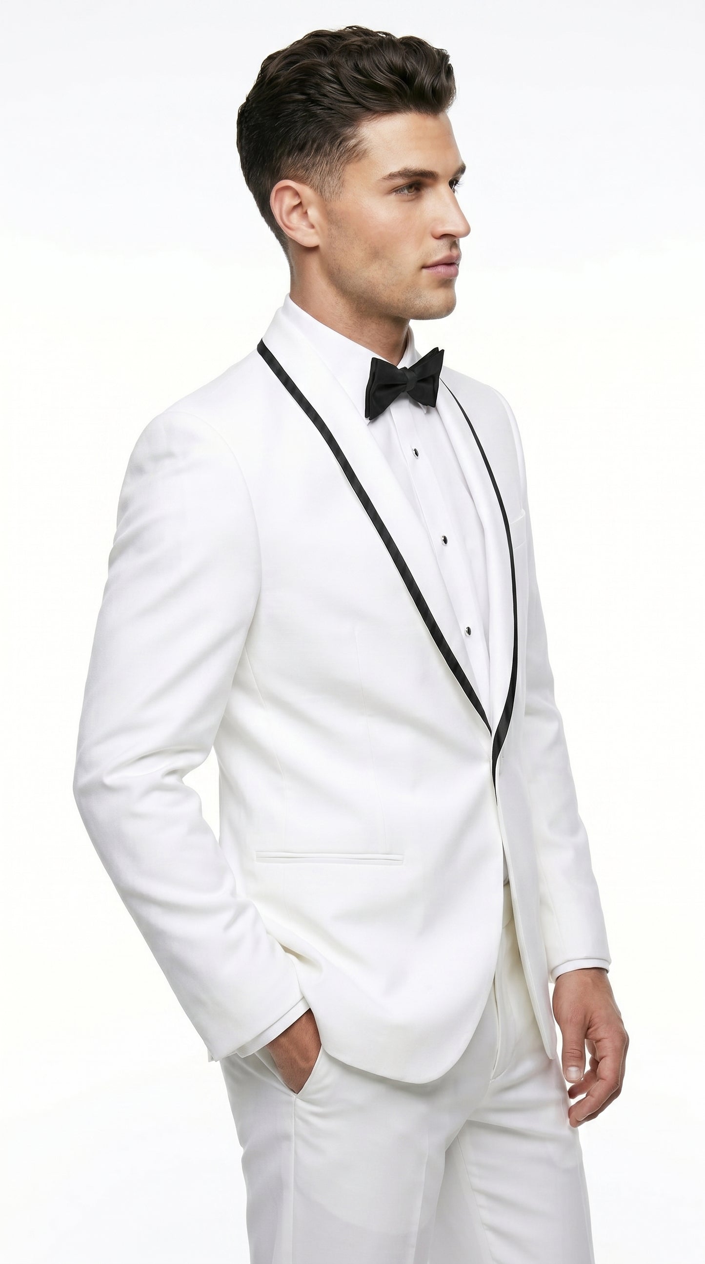 Men’s Waverly White 1 Button Shawl Tuxedo Jacket with Black Trim, Ike Evening Formal Blazer