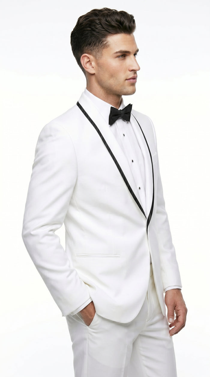 Men’s Waverly White 1 Button Shawl Tuxedo Jacket with Black Trim, Ike Evening Formal Blazer