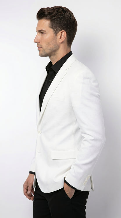 Men’s White Linen Fabric Summer Blazer with Notch Lapel, Dress Casual Sport Coat