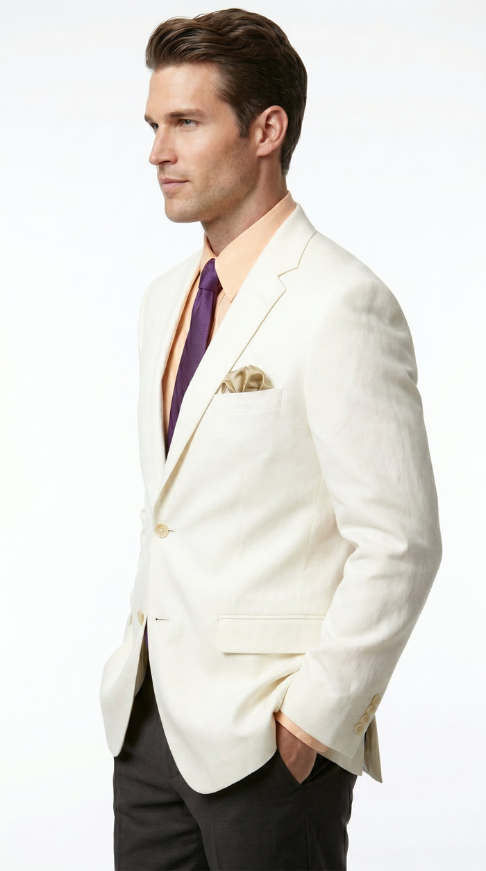 Men’s Ivory Cream Blazer with 2 Button Front, Off White Dress Casual Sport Coat