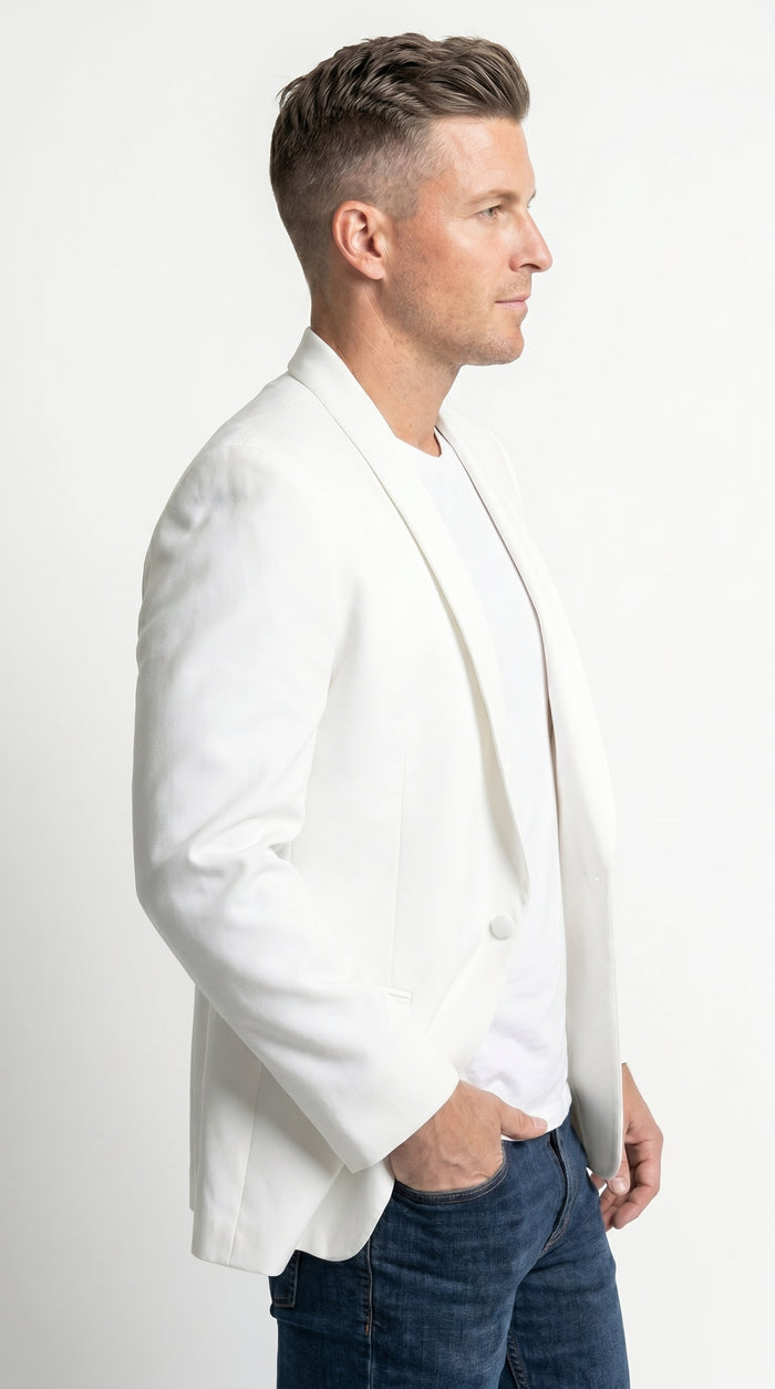 Men’s Snow White 1 Button Dinner Jacket with Shawl Collar, Formal Tuxedo Blazer with Free Bow Tie