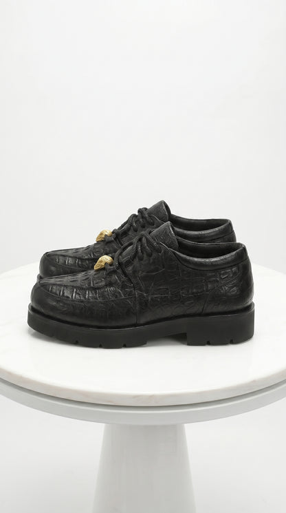 Men’s Los Altos Black Caiman Belly and Ostrich Casual Shoes, Exotic Leather Lace Up Sneakers