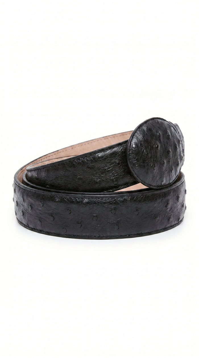 Men’s Black Genuine Ostrich Quill Belt, Exotic Leather Dress Belt for Formal and Western Wear