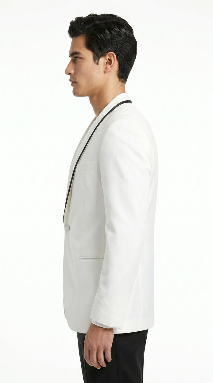 Men’s Waverly White Tuxedo Jacket by Ike Evening, Formal Dinner Jacket with Black Trim