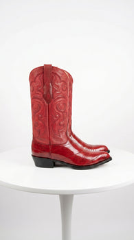 Men’s Red Eel Cowboy Boots with J Toe, Exotic Western Dress Boots