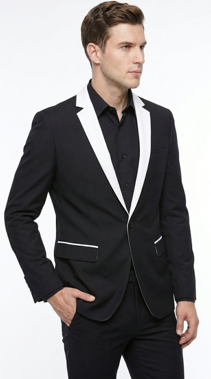 Men’s Black and White Blazer with Shawl Lapel, Dress Casual Formal Sport Coat