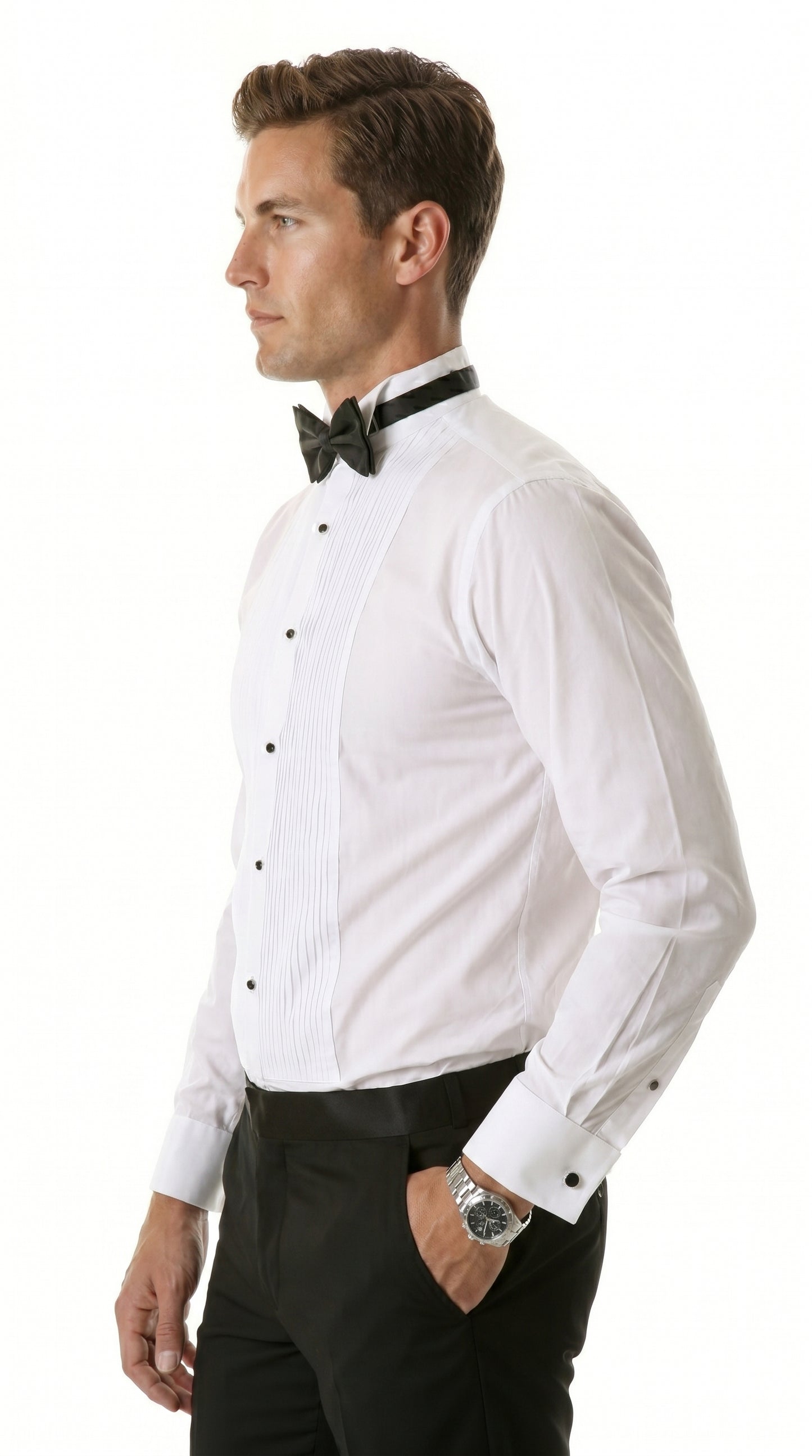 Men’s Max White Slim Fit Wing Tip Collar Pleated Tuxedo Shirt, Formal Dress Shirt