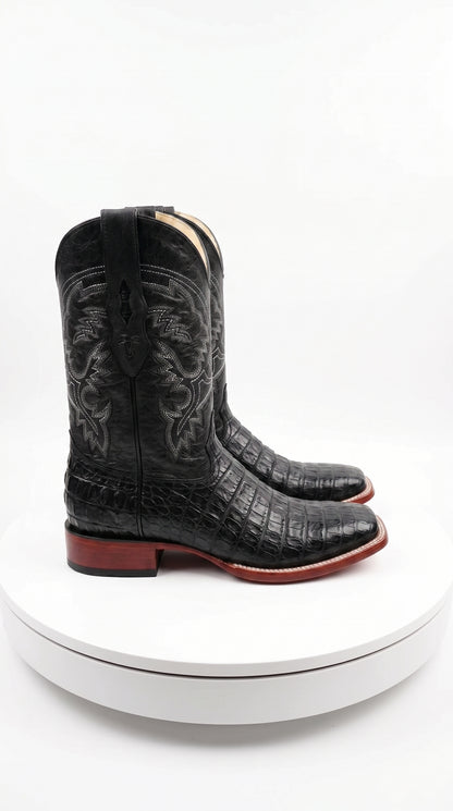 Men’s Black Caiman Square Toe Cowboy Boots, Exotic Western Dress Boots