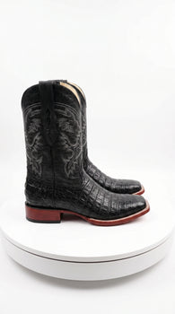 Men’s Black Caiman Square Toe Cowboy Boots, Exotic Western Dress Boots