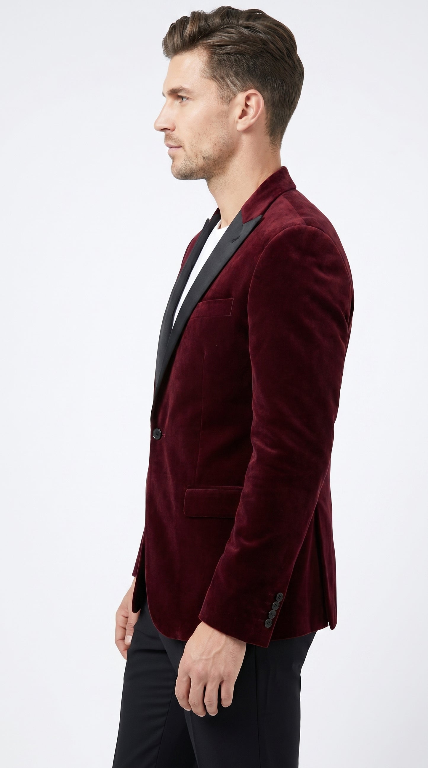 Men’s Burgundy Velvet Tuxedo Blazer with Black Satin Lapel, Crushed Velour Formal Sport Coat