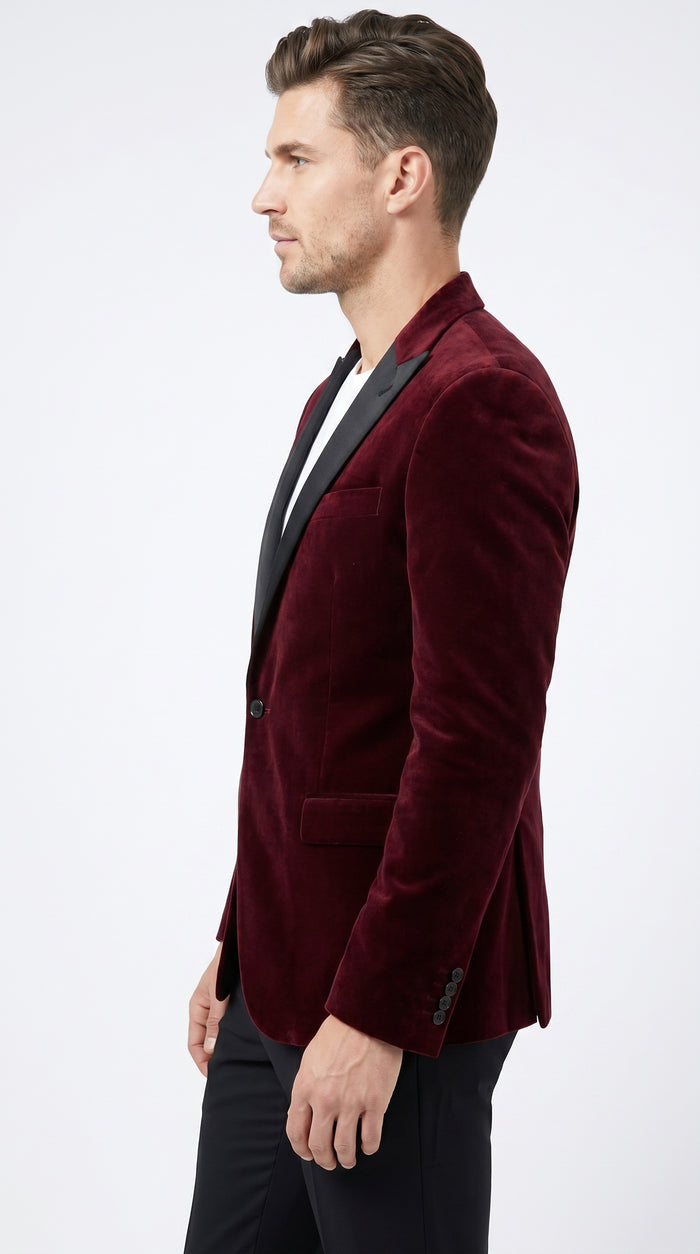 Men’s Burgundy Velvet Tuxedo Blazer with Black Satin Lapel, Crushed Velour Formal Sport Coat