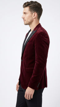Men’s Burgundy Velvet Tuxedo Blazer with Black Satin Lapel, Crushed Velour Formal Sport Coat