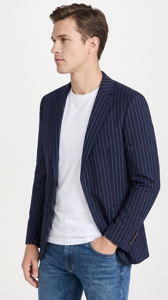 Men’s Navy Blue Chalk Pinstripe Blazer Sport Coat – 1920s Gangster Style Dress Jacket