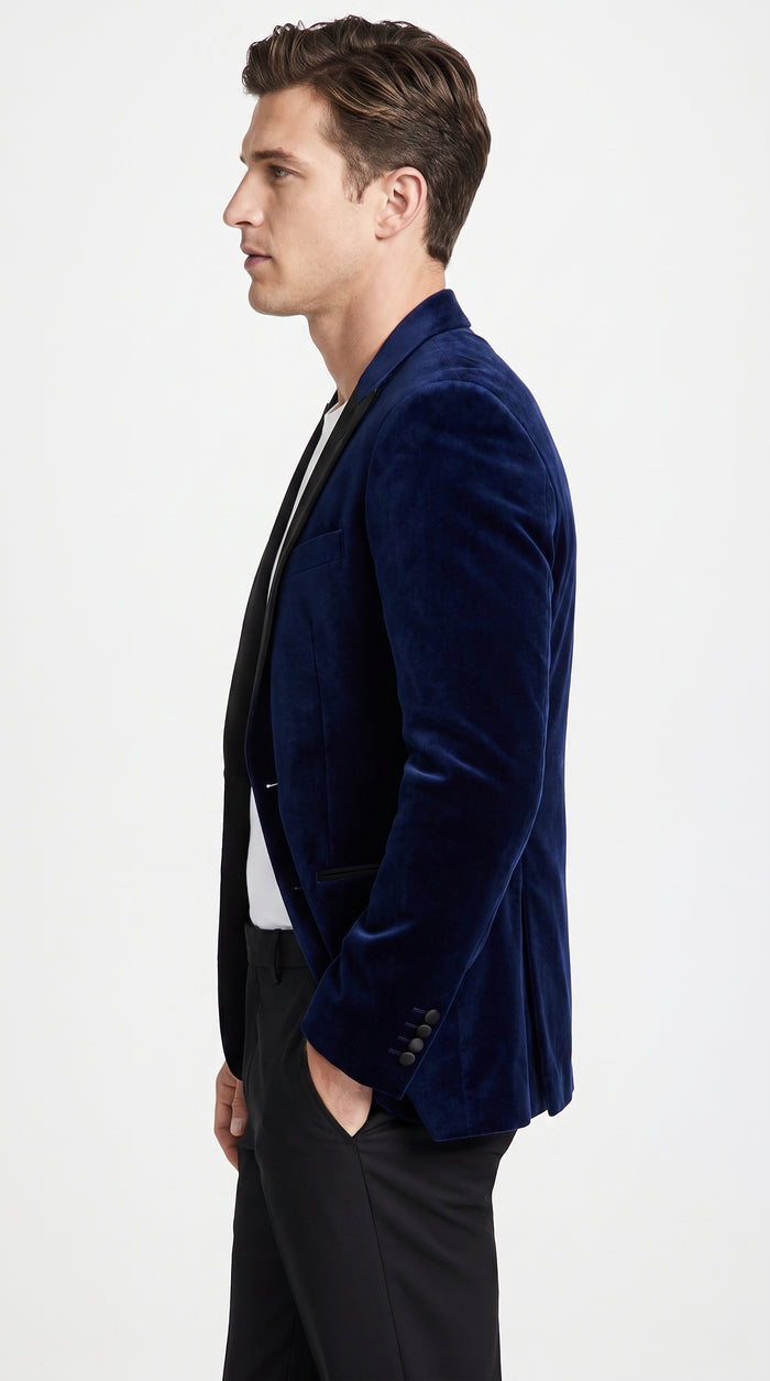 Men’s Navy Blue Velvet Tuxedo Jacket with Black Satin Lapel, Formal Sport Coat Dinner Blazer