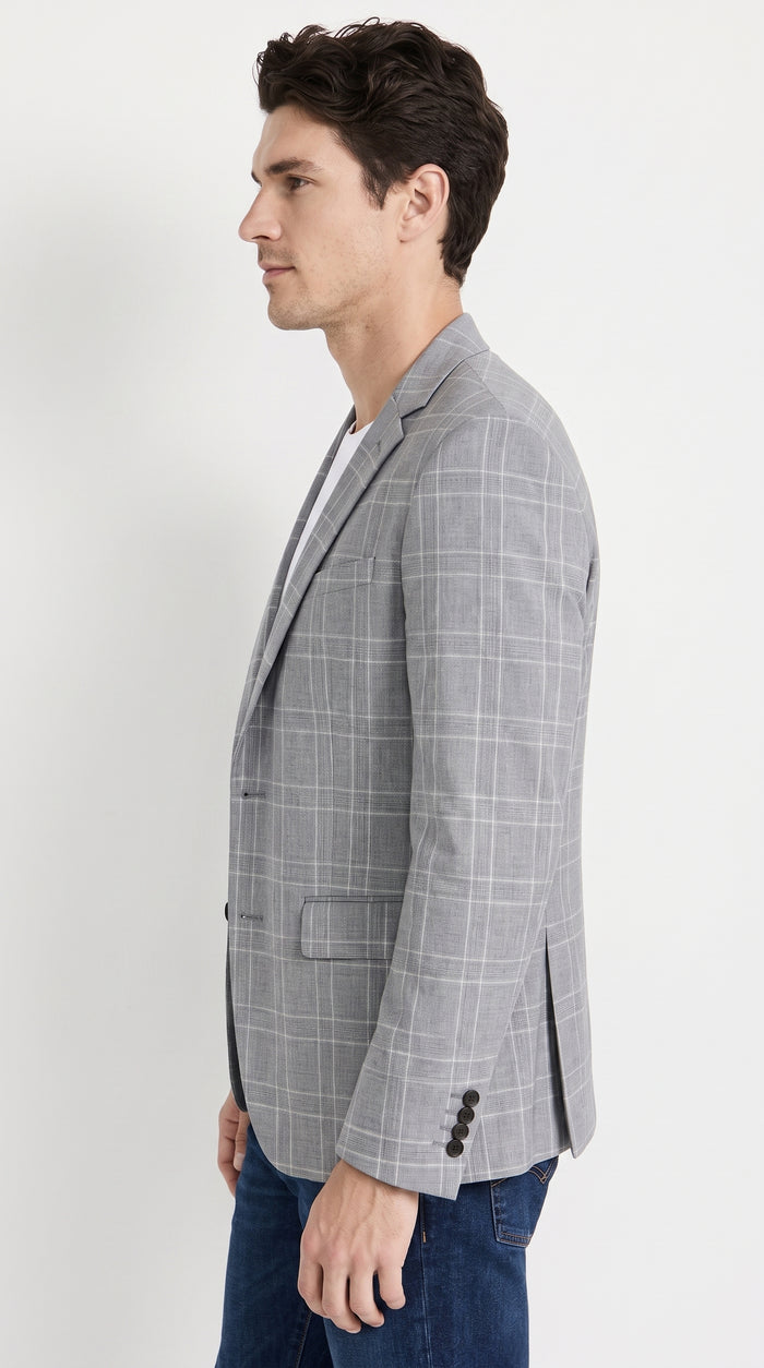 Men’s Light Grey Double Windowpane Plaid Western Blazer, Two Button Regular Fit Saco Vaquero Sport Coat